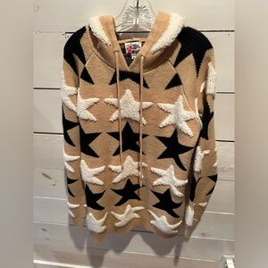 The Zigzag Stripe Star Patterned Sweater Hoodie in Black and Tan, EUC, XL